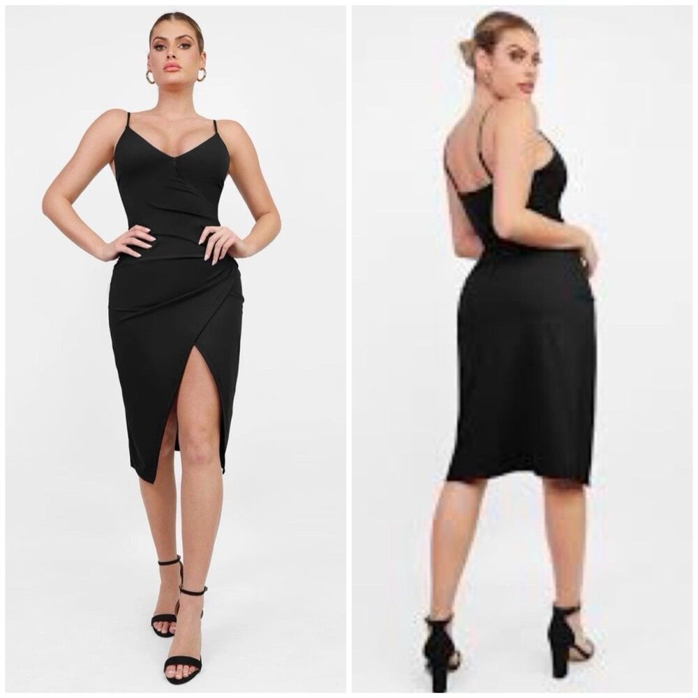 Popilush Shapewear Sculpting Wrap Midi Slip Dress L Black Slimming Ruched LBD